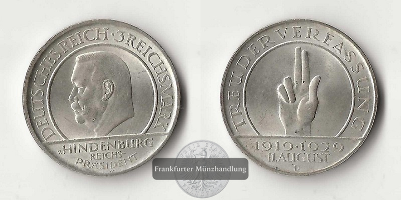  Deutschland, Weimarer Republik   3 Reichsmark  1929 A  FM-Frankfurt  Feinsilber: 7,5g   
