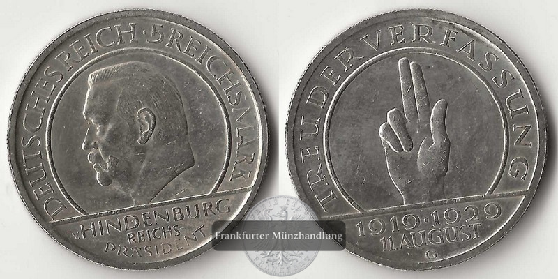 Deutsches Reich, Weimarer Republik 5 Reichsmark 1929 G FM-Frankfurt Feinsilber: 12,5g   