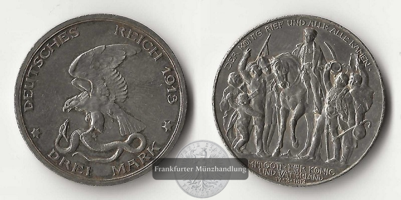  Deutsches Kaiserreich. Preussen, Wilhelm II. 3 Mark 1913 A Befreiung FM-Frankfurt Feinsilber: 15g   