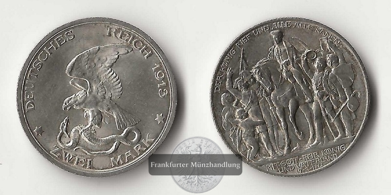  Deutsches Kaiserreich. Preussen, Wilhelm II. 2 Mark 1913 A Befreiung  FM-Frankfurt Feinsilber:10g   