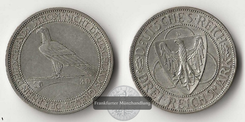  Deutschland, Weimarer Republik 3 Reichsmark 1930 F Rheinland-Räumung FM-Frankfurt Feinsilber:7,5g   