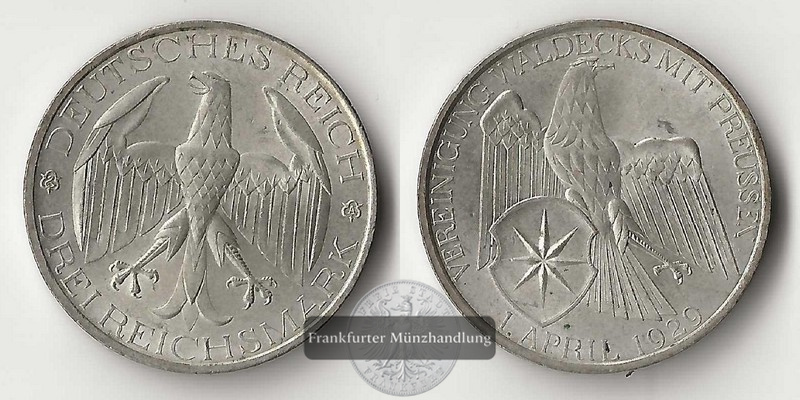  Deutschland, Weimarer Republik 3 Reichsmark  1929  FM-Frankfurt/M Feingewicht: 7,5g   