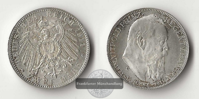  Deutsches Kaiserreich. Bayern, Luitpold (Prinzregent). 2 Mark 1911 D  FM-Frankfurt Feinsilber: 10g   