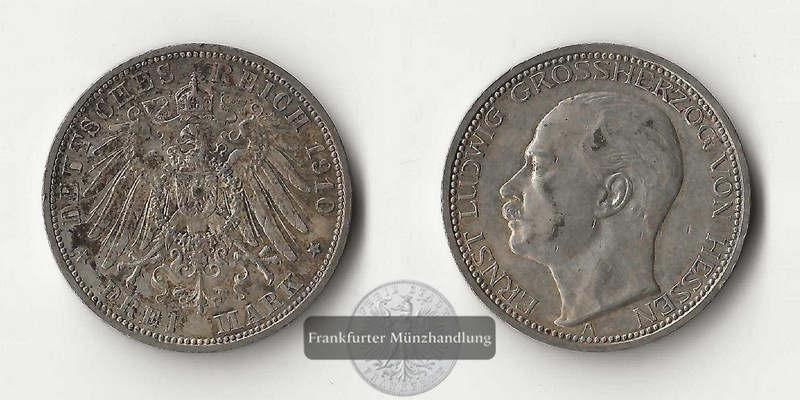  Kaiserreich, Hessen  3 Mark  1910 A  Ernst Ludwig  FM-Frankfurt Feingewicht: 15g   
