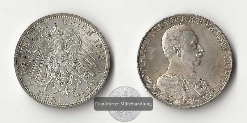  Deutsches Kaiserreich. Preussen, Wilhelm II. 3 Mark 1913 A Reg.-Jub. FM-Frankfurt Feinsilber: 15g   