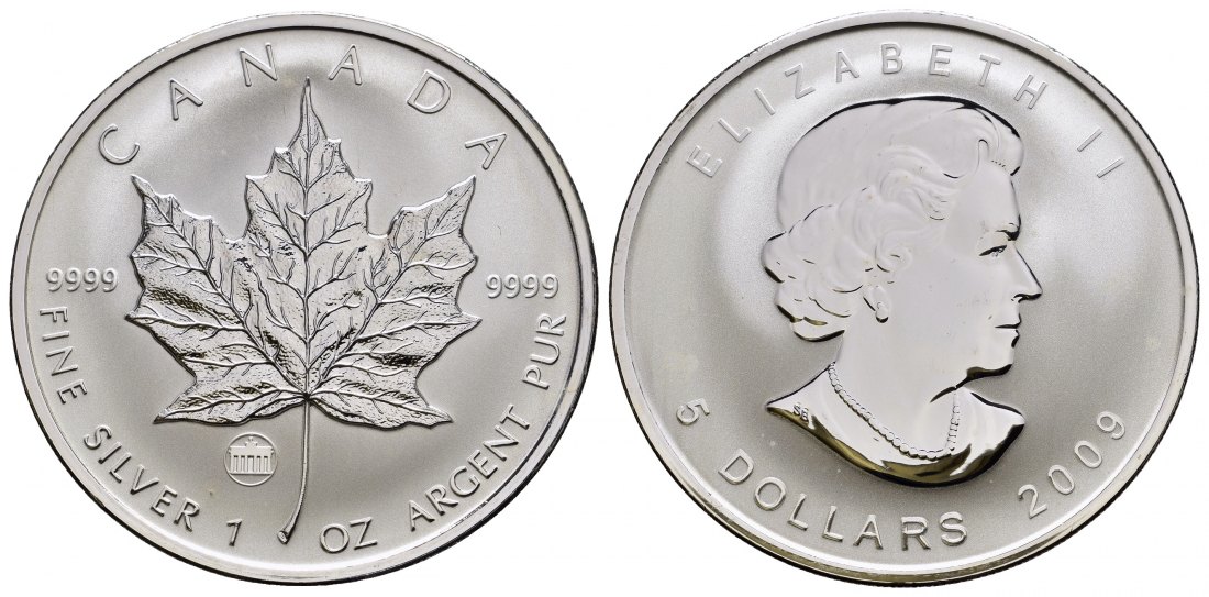 PEUS 9841 Kanada 31,1 g Feinsilber. Maple Leaf mit Privy Mark Brandenburger Tor 5 Dollars SILBER Unze 2009 Uncirculated