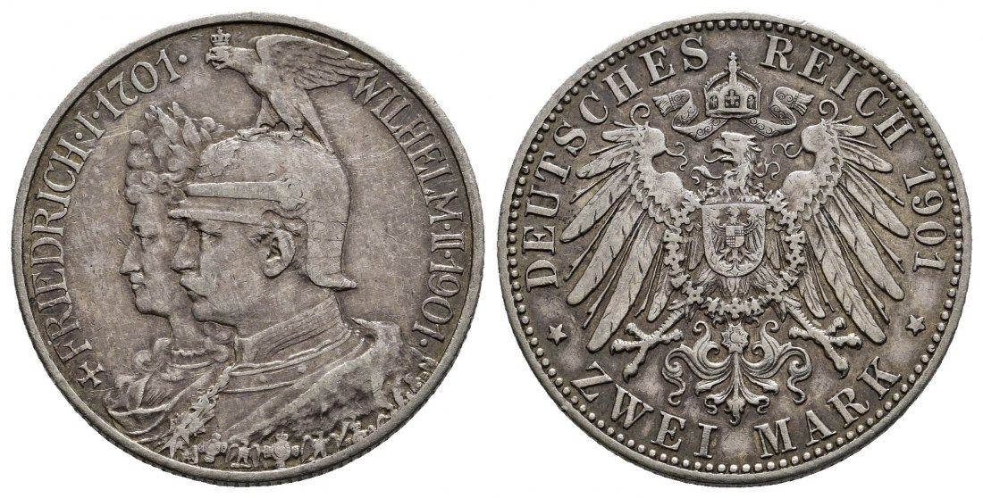 PEUS 9845  Kaiserreich - Preußen 200jähriges Jubiläum. Friedrich I. + Wilhelm II. 2 Mark 1901 A Kl. Kratzer, fast Vorzüglich