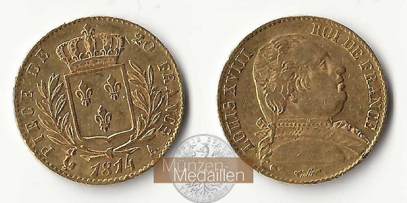 Frankreich  20 Francs MM-Frankfurt   Feingold: 5,81g Ludwig XVIII 1814 A 