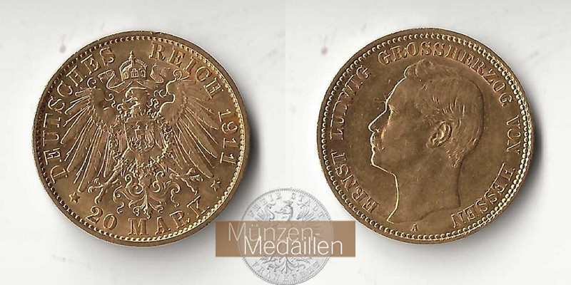 Hessen, Kaiserreich MM-Frankfurt Feingold: 7,17g 20 Mark Ernst Ludwig Großherzog 1911 A 