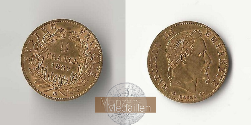 Frankreich MM-Frankfurt Feingewicht: 1,45g 5 Francs 1867 