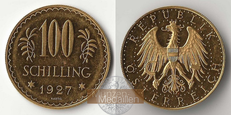 ÖSTERREICH, 1. Republik 1925-1938. MM-Frankfurt Feingold: 21,17g 100 Schilling 1927 