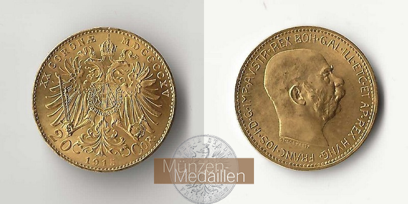 Österreich MM-Frankfurt Feingold: 6,10g 20 Kronen 1915 NP 