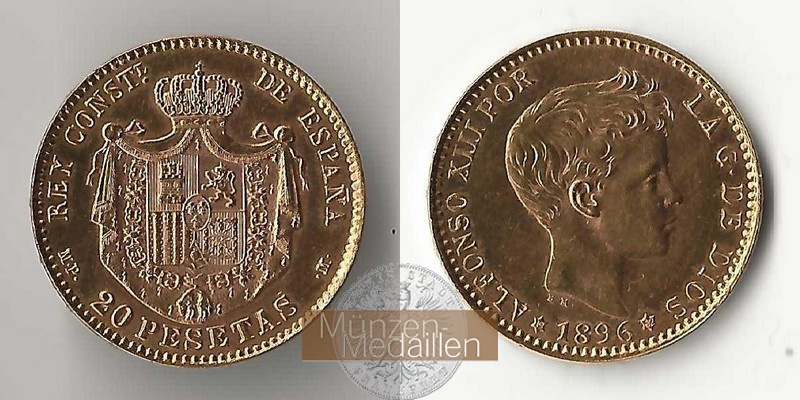 Spanien MM-Frankfurt Feingold: 5,81g 20 Pesetas 1896 (NP 1962) 