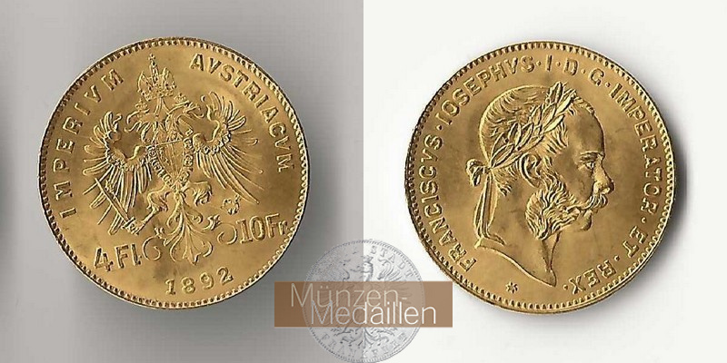 Österreich MM-Frankfurt   Feingold: 2,9g 4 Florin - 10 Francs 1892 NP 
