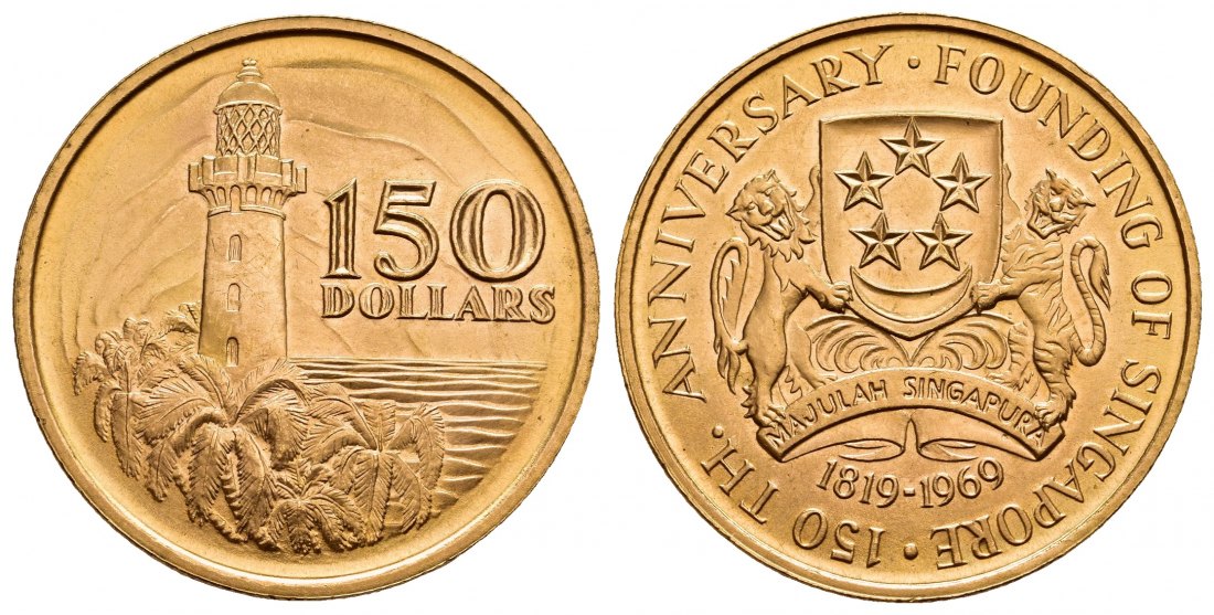 PEUS A 9855 Singapur 22,8 g Feingold. 150 Jahre Gründung Singapurs 150 Dollars GOLD o.J. (1969) Fast Stempelglanz
