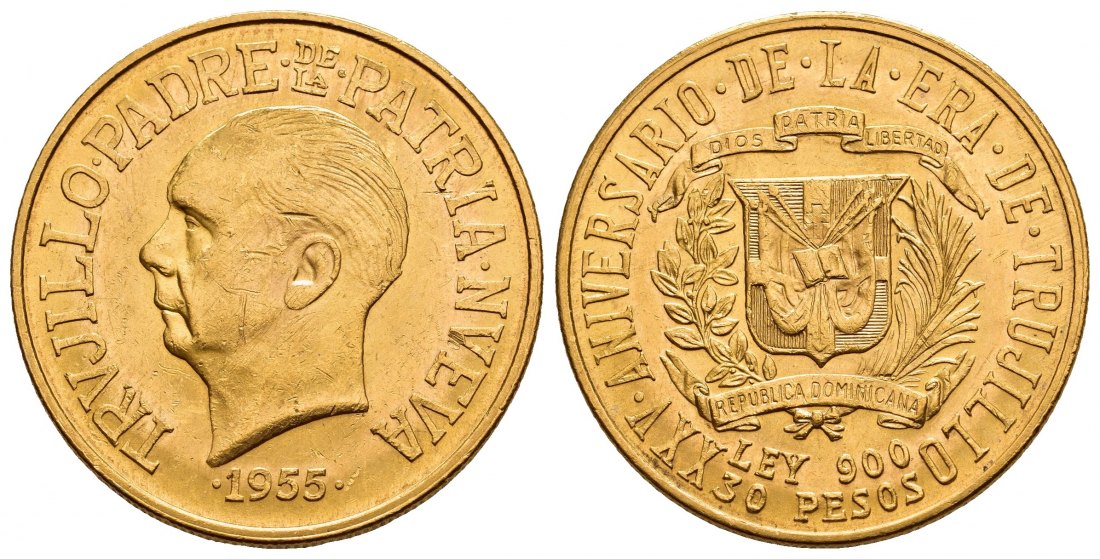 PEUS A 9877 Dominikanische Republik 26,66 g Feingold. Präsident Trujillo 25jähriges Jubiläum der Machtergreifung 30 Pesos GOLD 1955 Kl. Kratzer, Vorzüglich +