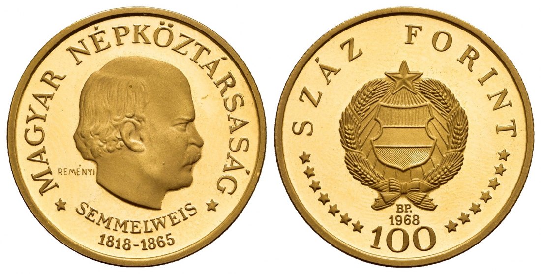 PEUS A 9906 Ungarn 7,57 g Feingold. 150. Geburtstag Ignaz Semmelweis 100 Forint GOLD 1968 BP Impaired Proof / Vorzüglich + aus PP
