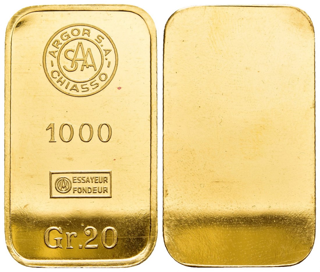 PEUS A 9908 Schweiz 20 g Feingold. Argor-Chiasso Barren GOLD 20 g o.J. Vorzüglich