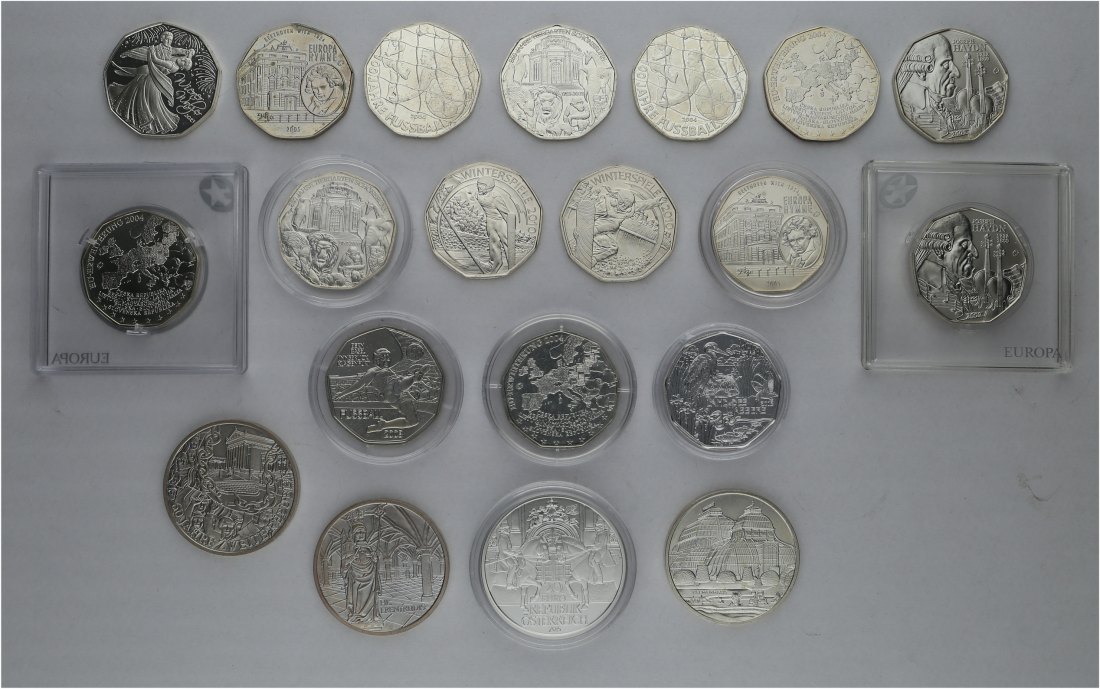  ÖSTERREICH, 20 Silbermünzen zu EURO 5.-, 10.- und EURO 20.-, alles perfekt beidseitig bebildert   