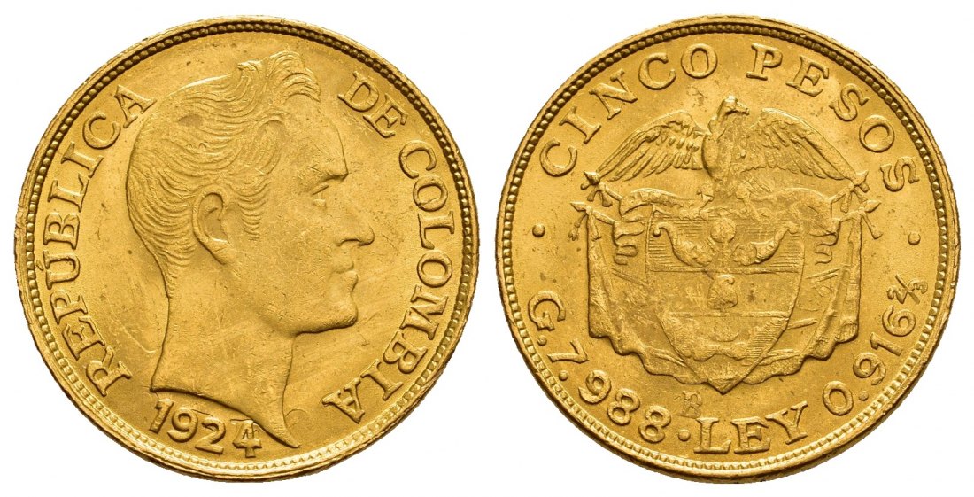 PEUS A 9872 Kolumbien 7,32 g Feingold. Simon Bolivar 5 Pesos GOLD 1924 Sehr schön +