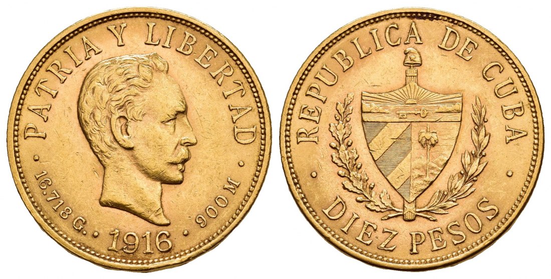 PEUS A 9873 Kuba / Cuba 15,05 g Feingold. Jose Marti 10 Pesos GOLD 1916 Kl. Kratzer, fast Vorzüglich