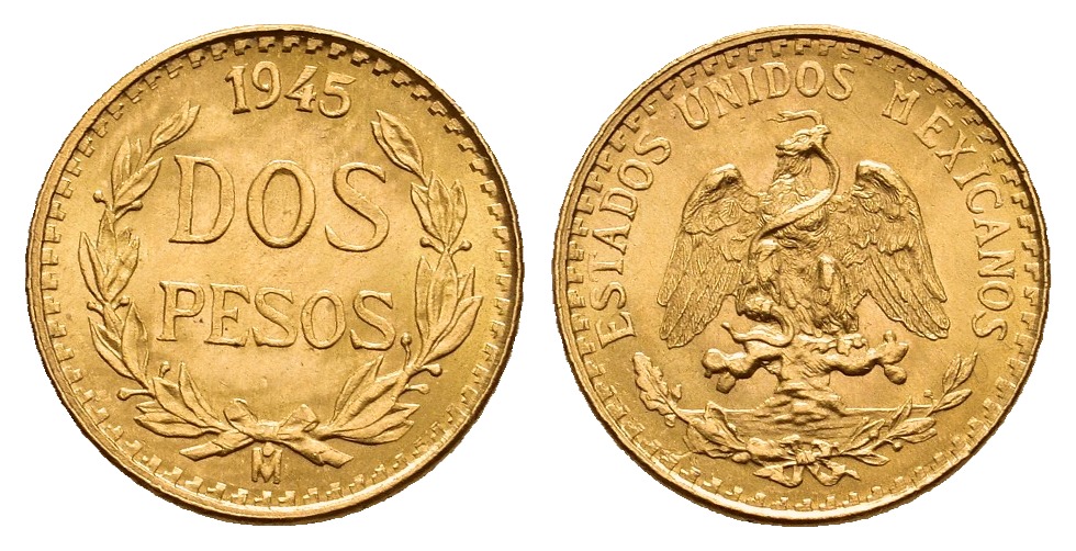 PEUS A 9896 Mexiko 1,5 g Feingold 2 Pesos GOLD 1945 M Stempelglanz