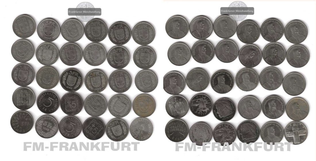  Schweiz, 30 x 5 Franken ver. Jahrgänge Gedenk- und Kursmünzen CuNi FM-Frankfurt Nominal 150 Sfr.   