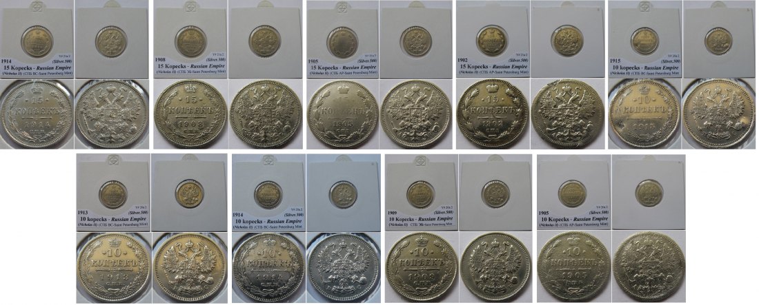  1902-1915, Russisches Reich, ein Satz von 9 Stück  Silbermünzen:10-15 Kopeken   