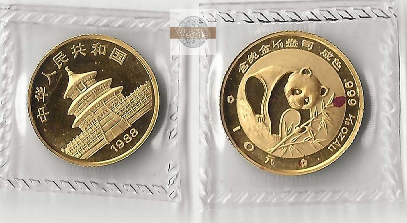 China, Volksrepublik. MM-Frankfurt Feingold: 3,11g - 1/10 Unze 10 Yuan Panda 1988 
