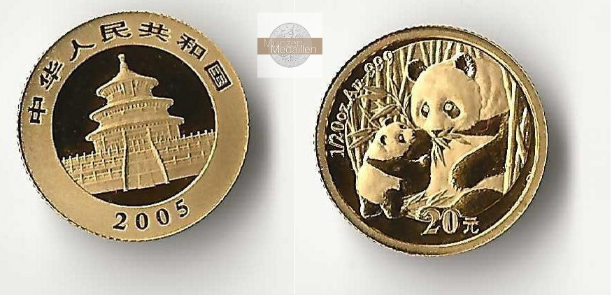 China, Volksrepublik. MM-Frankfurt Feingewicht 1,55g Gold 20 Yuan (Panda) 2005 