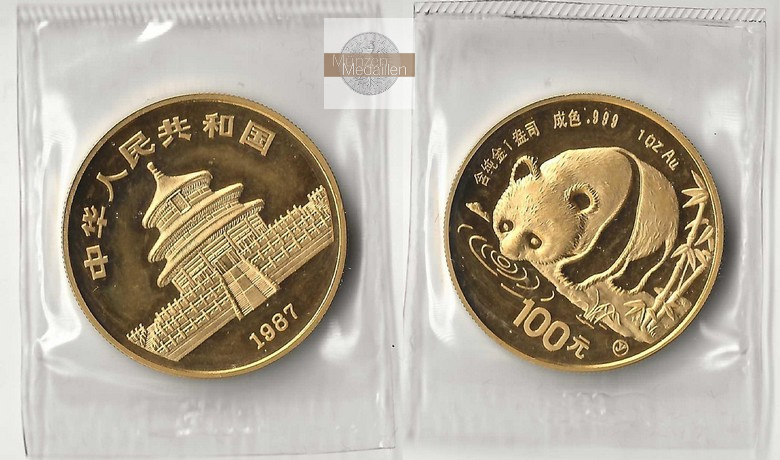 China, Volksrepublik. MM-Frankfurt Feingold: 31,1g - 1 Unze 100 Yuan Panda 1987 