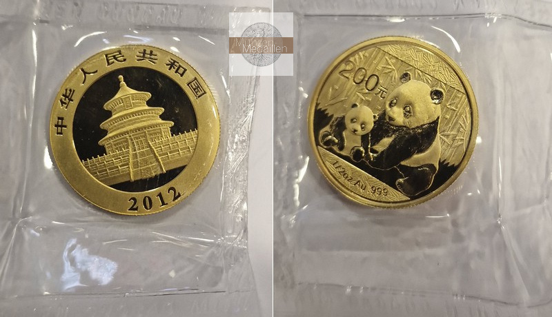 China, Volksrepublik. MM-Frankfurt Feingold: 15,55g - 1/2 Unze 200 Yuan Panda 2012 