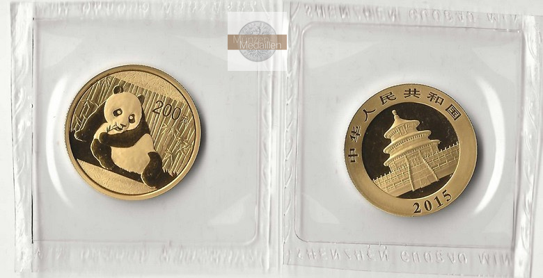 China, Volksrepublik. MM-Frankfurt Feingold: 15,55g - 1/2 Unze 200 Yuan Panda 2015 