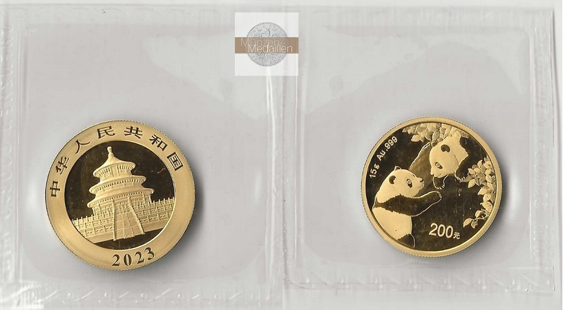 China, Volksrepublik. MM-Frankfurt Feingold: 15g 200 Yuan Panda 2023 