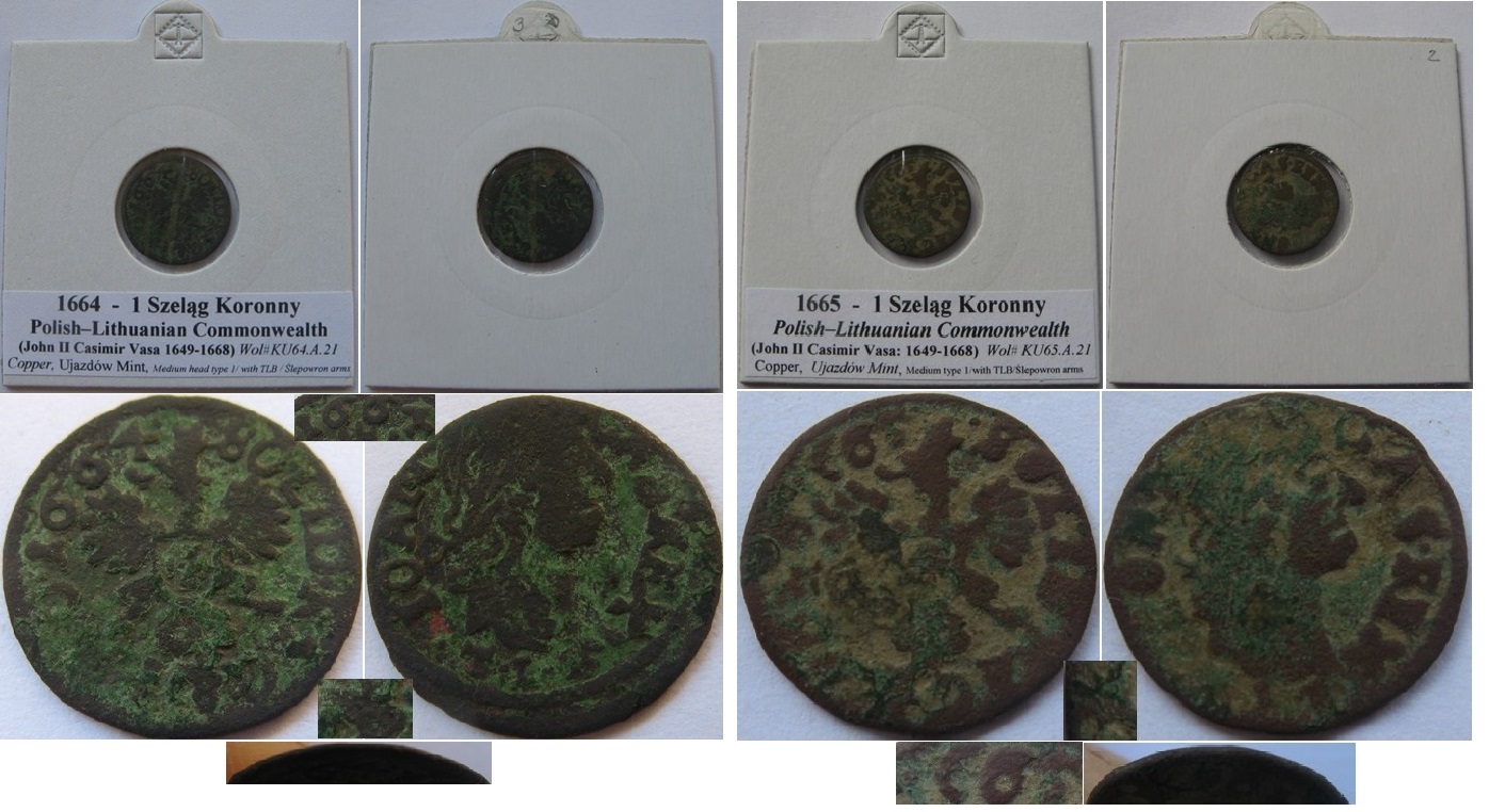 1664-1665, 1 Szeląg Koronny, Polnisch-Litauisches Königreich, Set mit 2 polnischen alten Münzen   