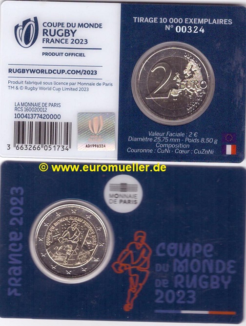 Frankreich 2 Euro Gedenkmünze 2023...Rugby-WM...bu...Coincard   