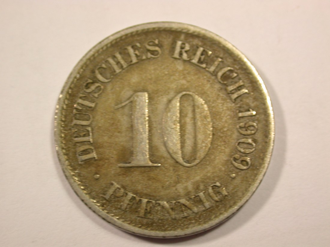 H15 KR 10 Pfennig 1909 F in ss, Rdf. Originalbilder