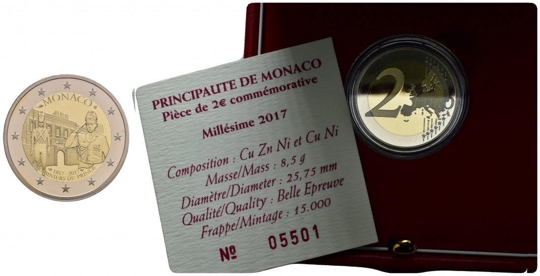 PEUS 1014 Monaco 200 Jahre Carabinieri incl. Etui + Zertifikat 2 Euro Gedenkmünze 2017 Polierte Platte (Kapsel)