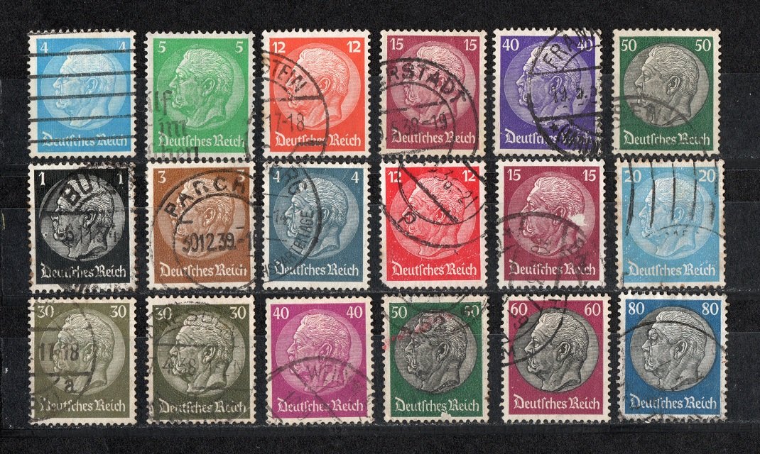 Dt. Reich Lot Hindenburg Mi 467-512 Echt gelaufen / Mi. ca. 85,- EUR / siehe scan (18 Werte)