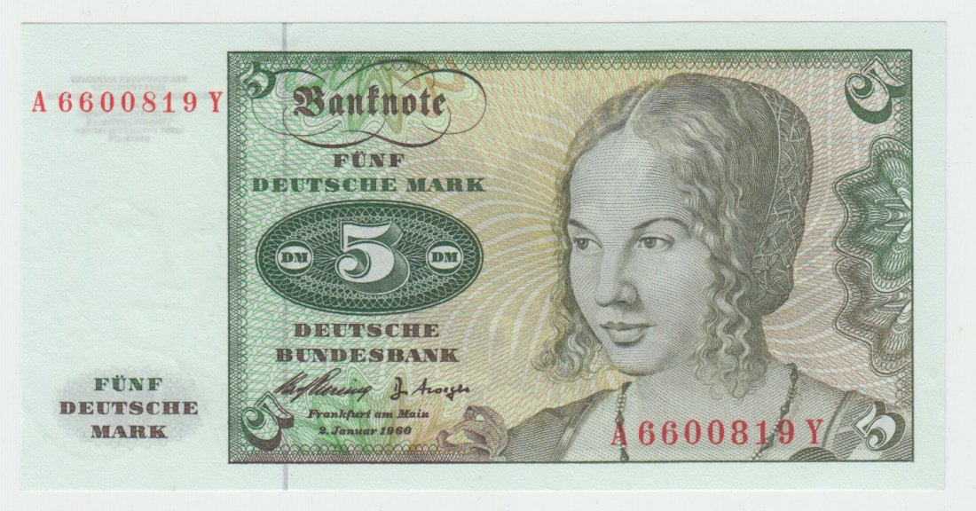  Ro. 262 e, 5 Deutsche Mark vom 02.01.1960, A6600819Y, Kassenfrisch I   