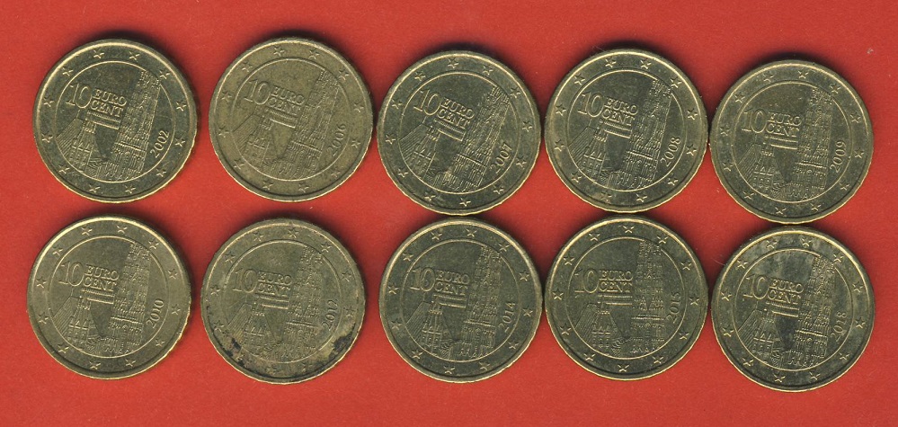  Österreich 10 x 10 Cent 2002,06,07,08,09,10,12,14,15 + 2018   