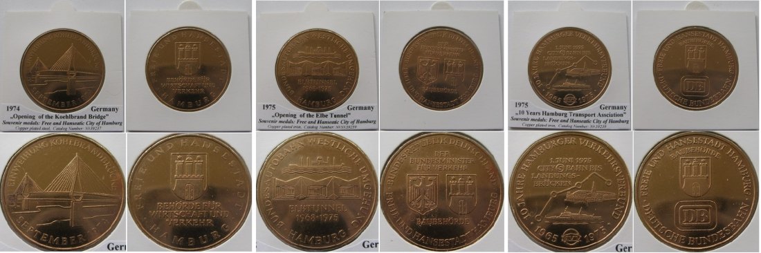  1974-1975,Germany,3 commemorative medals: Free and Hanseatic City of Hamburg   