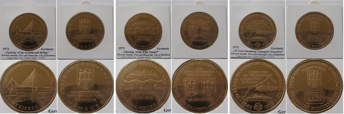  1974-1975,Germany,3 commemorative medals: Free and Hanseatic City of Hamburg   