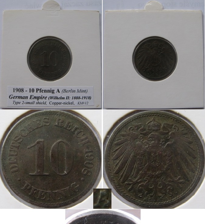  1908, German Empire, 10 Pfennig (A), type 2 (small shield)   