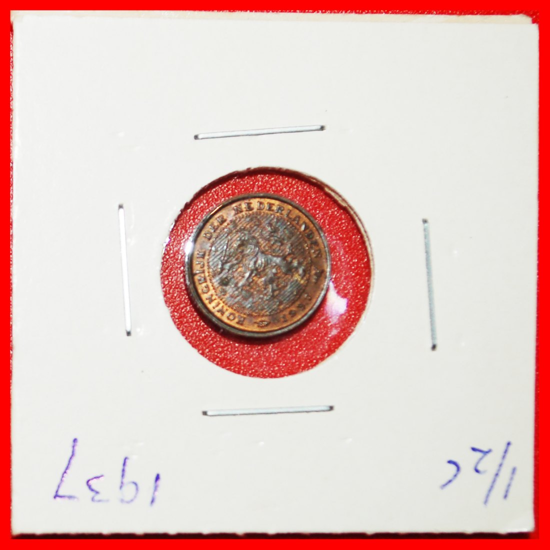  * WUCHERND LÖWE (1909-1940): NIEDERLANDE ~ 1/2 CENT 1937 STG! WILHELMINA (1890-1948)★OHNE VORBEHALT!   