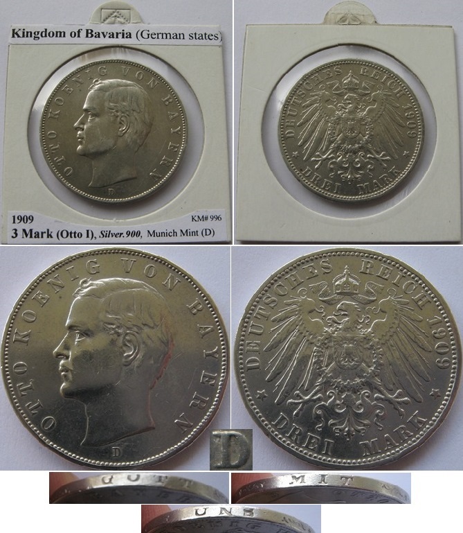  1909, Königreich Bayern, 3 Mark, D, Otto I, Silbermünze   