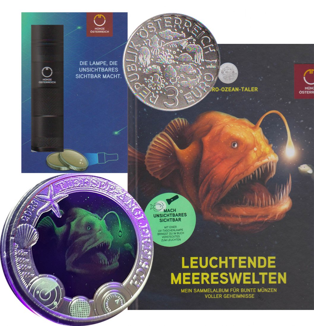  3-Euro-Farbmünze Österreich *Anglerfisch 2023 Farbmünze + Sammelalbum + UV-Taschenlampe   