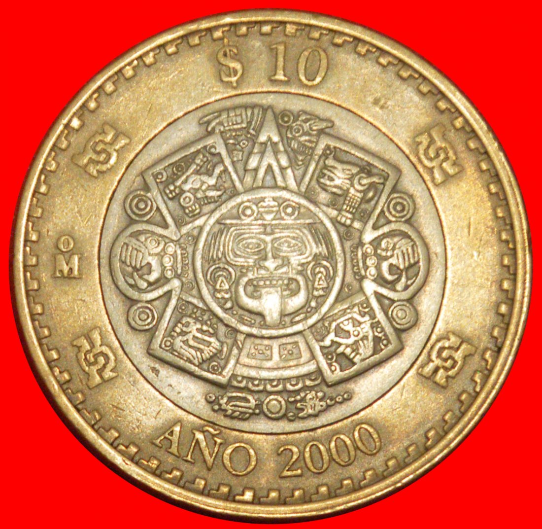  * SUN STONE: MEXICO★10 PESOS 2000 FIRE MASK! MILLENNIUM UNCOMMON BI-METALLIC★LOW START ★ NO RESERVE!   