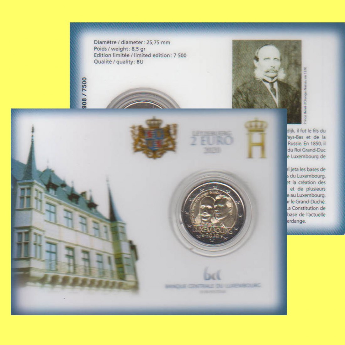  Offiz Coincard 2 €-Sondermünze Luxemburg *200. Geburtstag von Prinz Heinrich* 2020 nur 7.500St!   