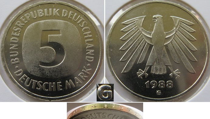  1988, Deutschland, 5 Mark (G), Polierte Platte (Typ A)   